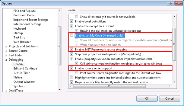 Visual Studio debug options