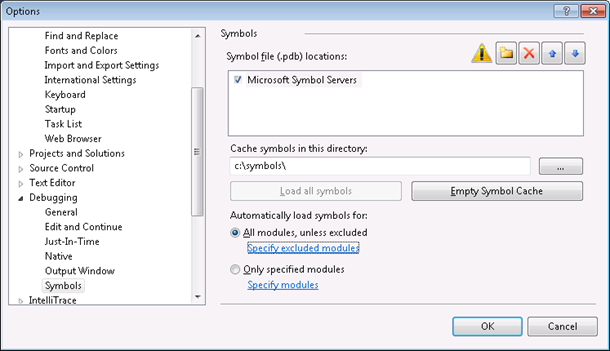 Visual Studio debug symbols settings