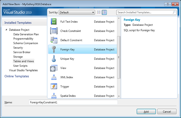 Visual Studio 2010: Add new database item