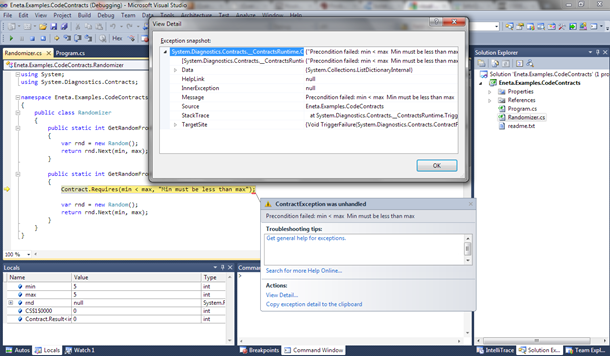 Visual Studio 2010: Runtime check of code contract threw exception