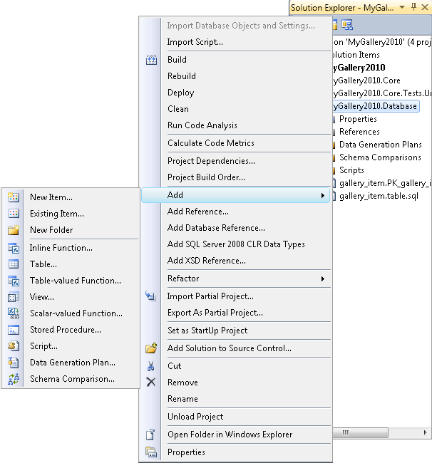 Visual Studio 2010 database menu