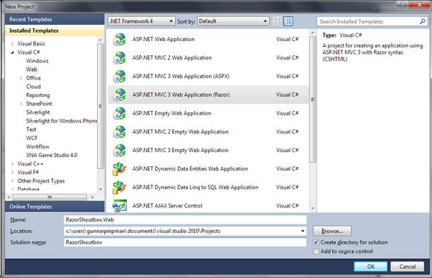 Visual Studio: New Razor project