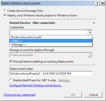 Windows Azure deployment settings