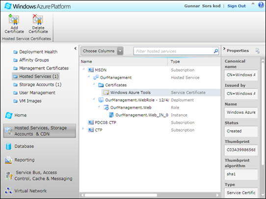 Add certificate to Windows Azure