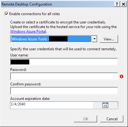 Windows Azure remote desktop settings