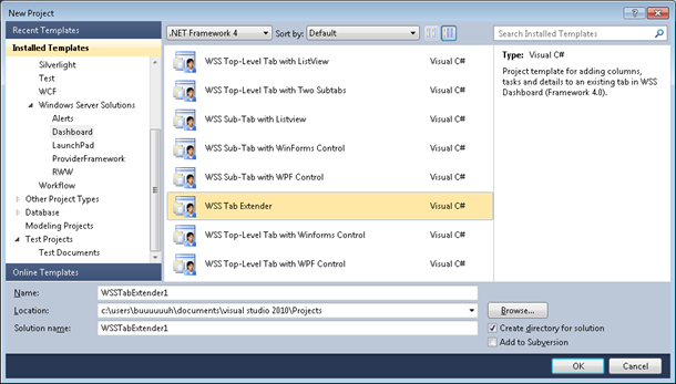 WHS projects on Visual Studio 2010