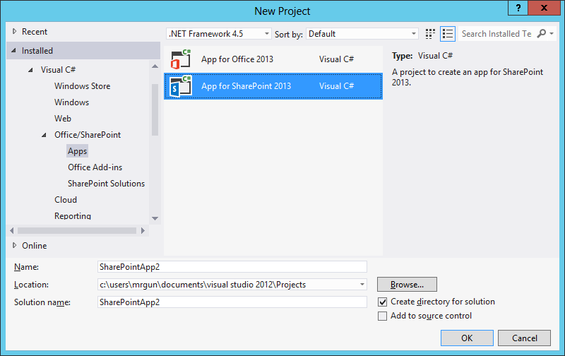 Visual Studio 2012: Create SharePoint 2013 autohosted app