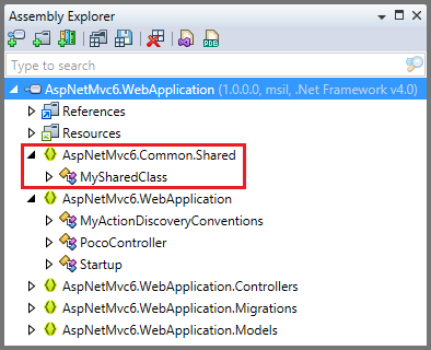 ASP.NET 5: Shared class in web application dll