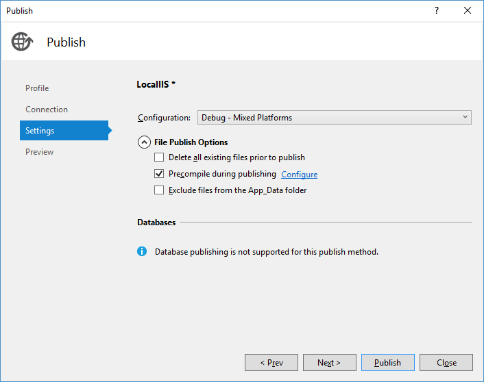 ASP.NET publishing settings