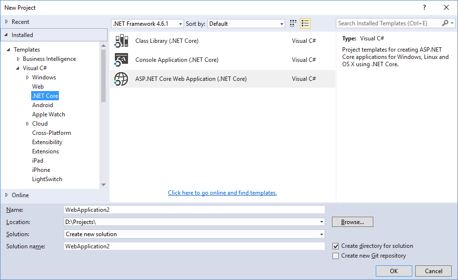 Visual Studio: Create new ASP.NET Core web application