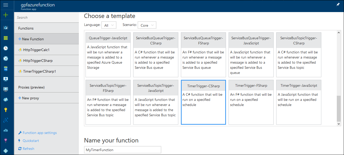 Azure Functions: Creating new timer trigger function