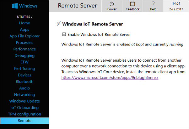 Enabling Windows IoT Remote Server