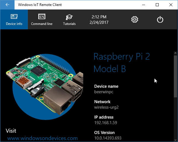 Windows IoT Remote Client connected to RaspberryPi