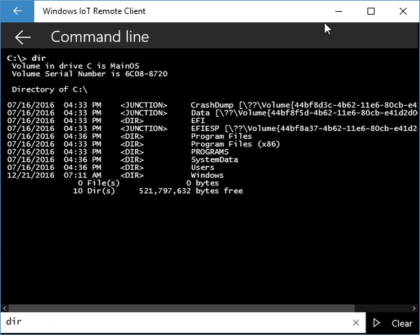 Windows IoT Remote Client displaying command line