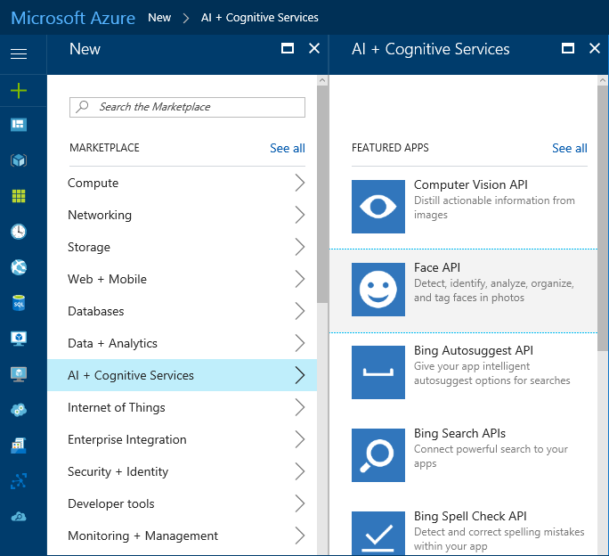 Azure Portal: Add Face API subscription
