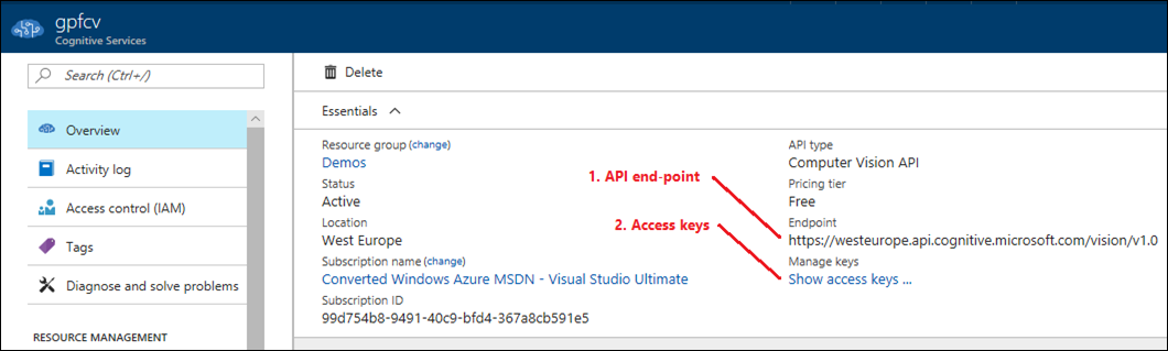 Computer Vision API end-point and keys