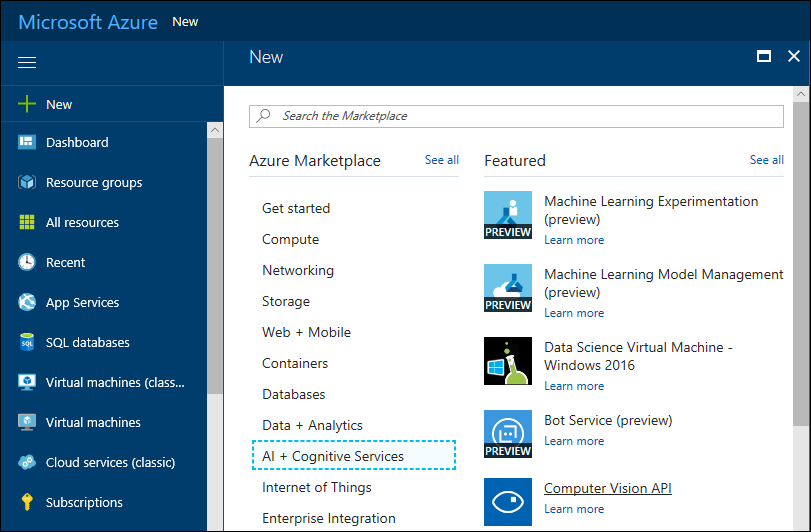 Add Computer Vision service to Azure subscription
