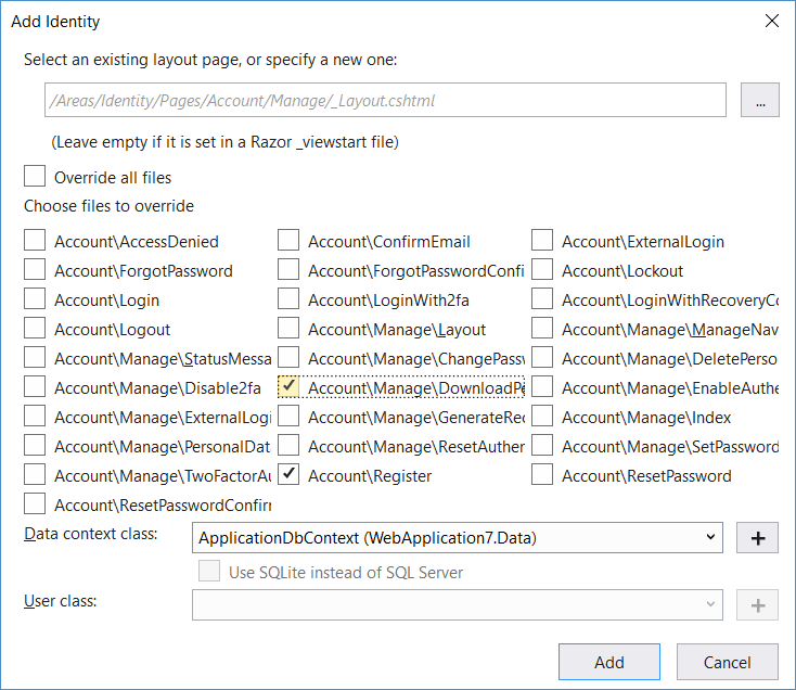 ASP.NET Core Identity: Select items to override