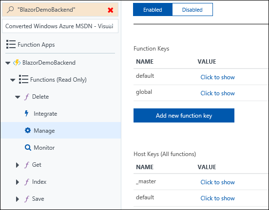 Azure Functions host keys