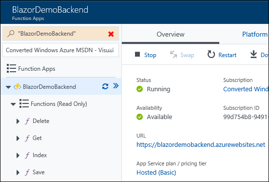 Azure Functions overview tab