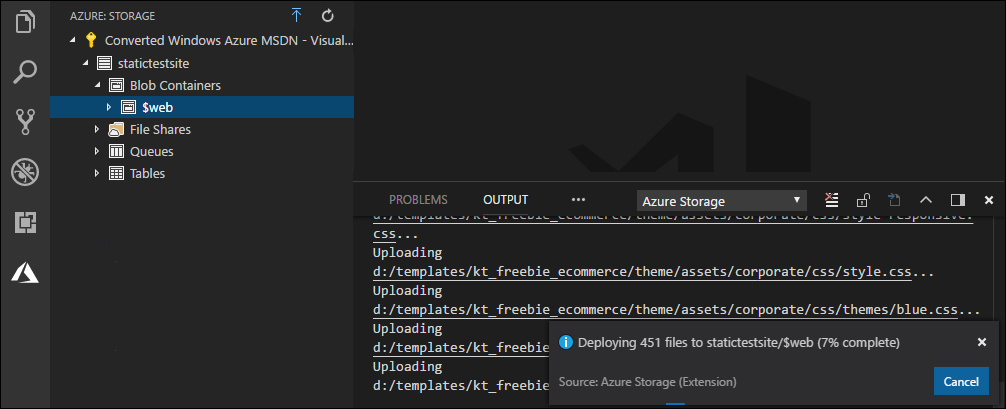 Azure Storage extension deploying folder to static website