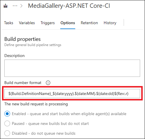 Setting build number format