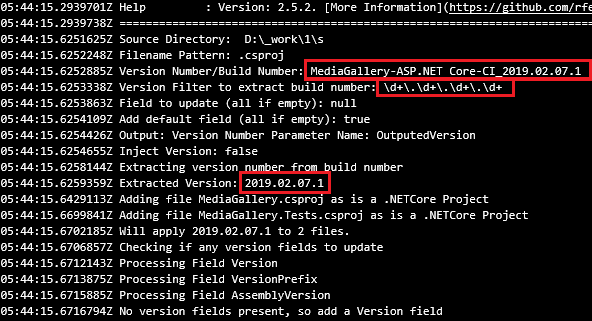Version .NET Core Asseblies task output