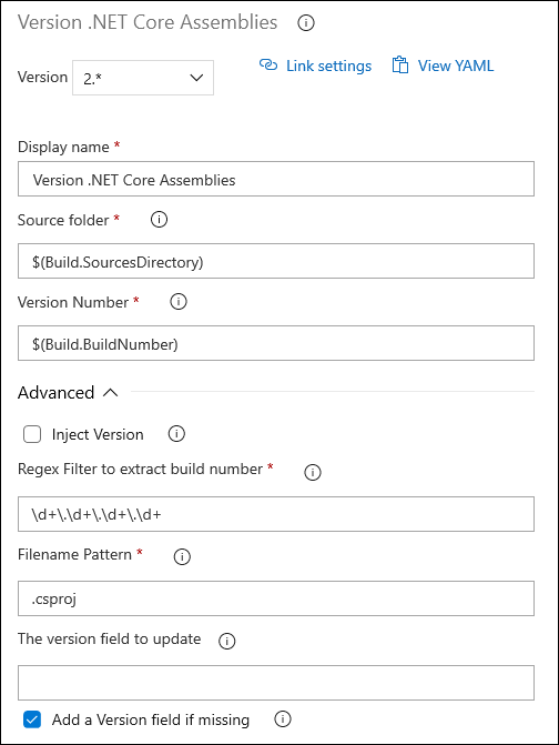 Configuring Version .NET Core Assemblies task