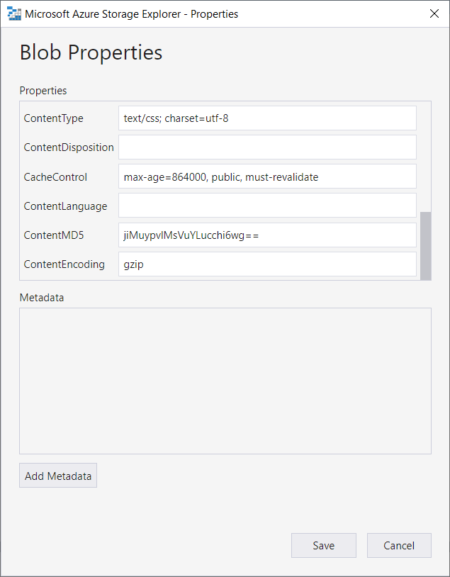 Azure Storage Explorer: changing file properties