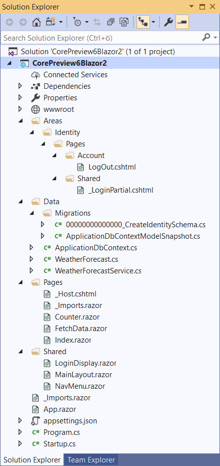Server-side Blazor application with authentication opened in Visual Studio