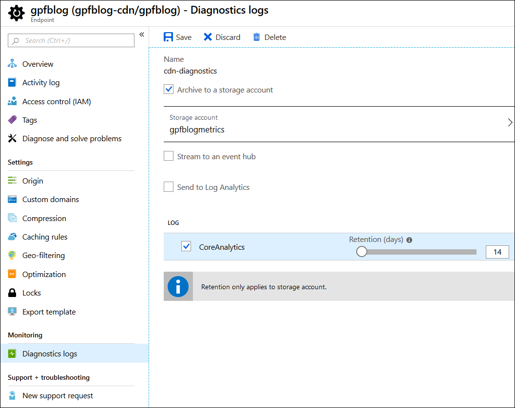 Azure CDN: Enabling diagnostics logs