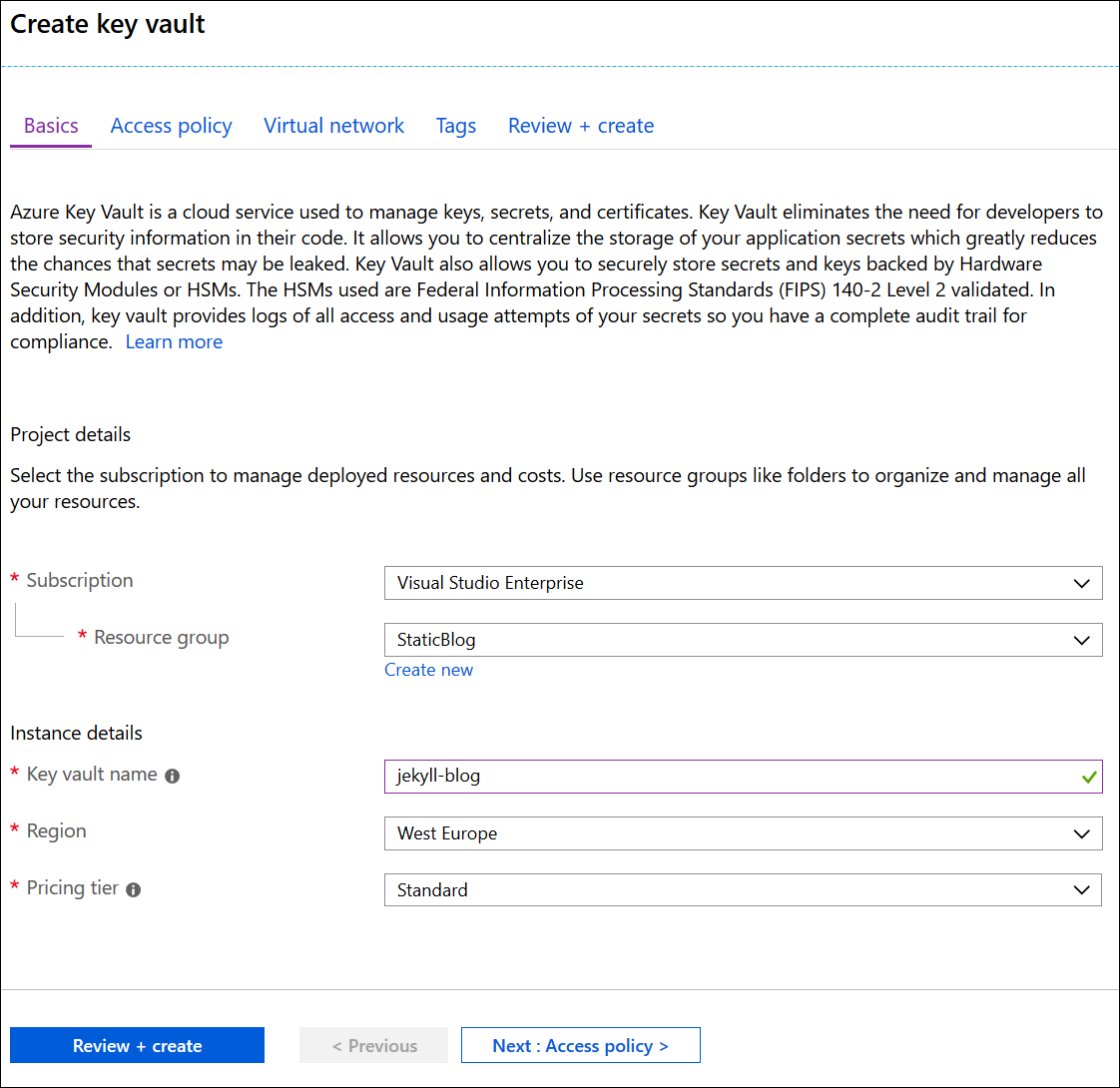 Creating Azure Key Vault for Jekyll blog