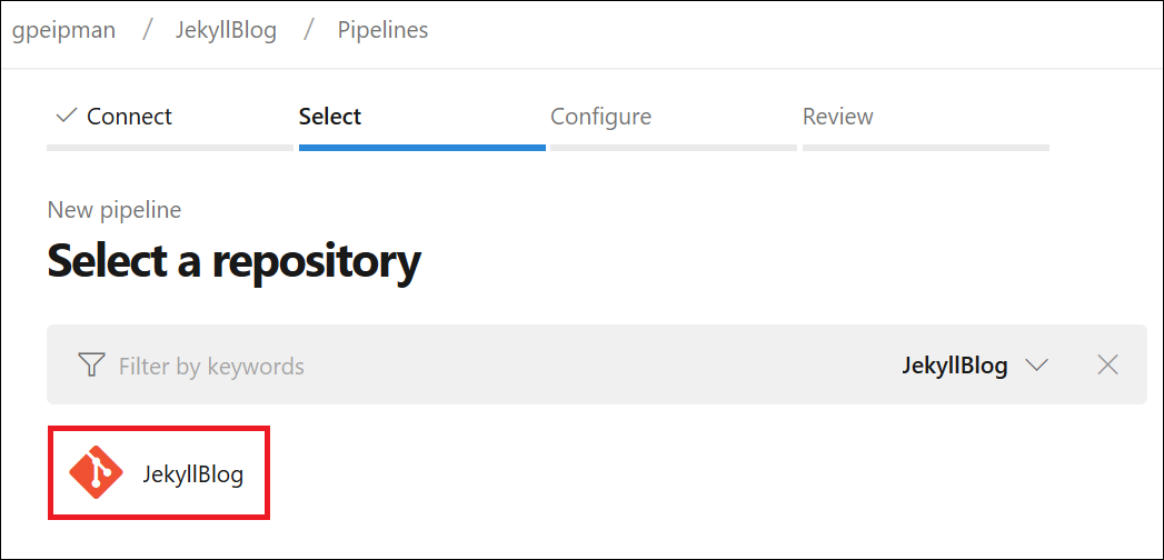 Jekyll build pipeline: Select source code repository