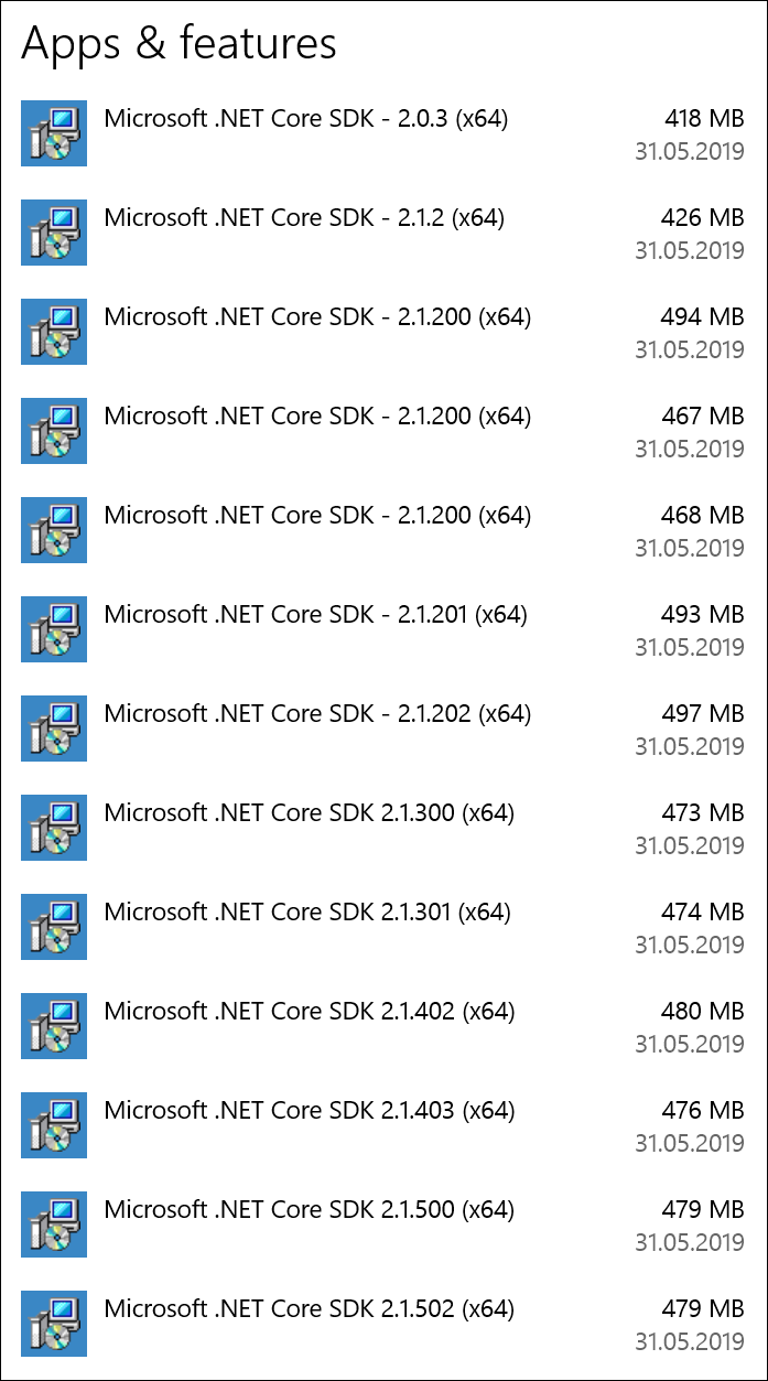 List of .NET Core SDK-s installed on machine over time