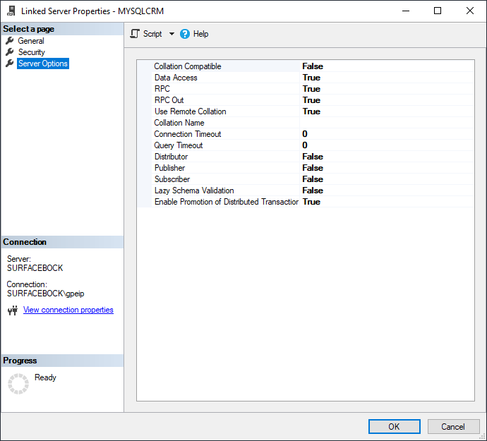 MySQL linked server options