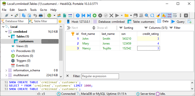 Customers table in MySQL database