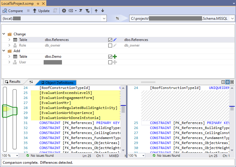 Comparing dev database schema to database project