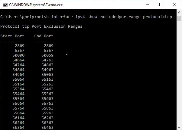 Find exluded port ranges on Windows 10